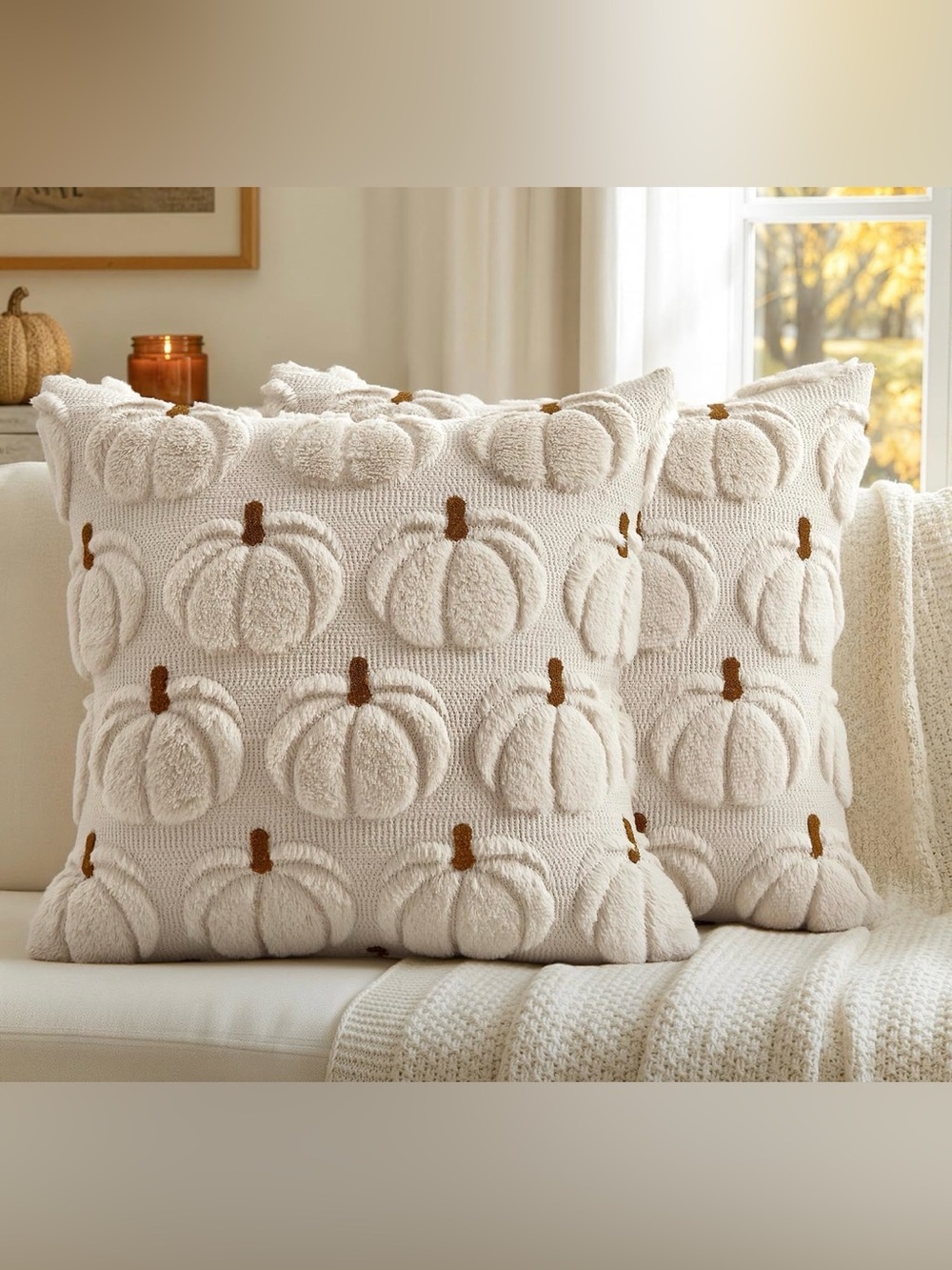 NWT Fall Pumpkin Pillow Covers Fall Decor Beige Brown Stem 18x18 Set